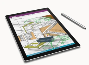 Image of a surface pen and tablet with a marked up picture of the interior of a building being designed on the screen.