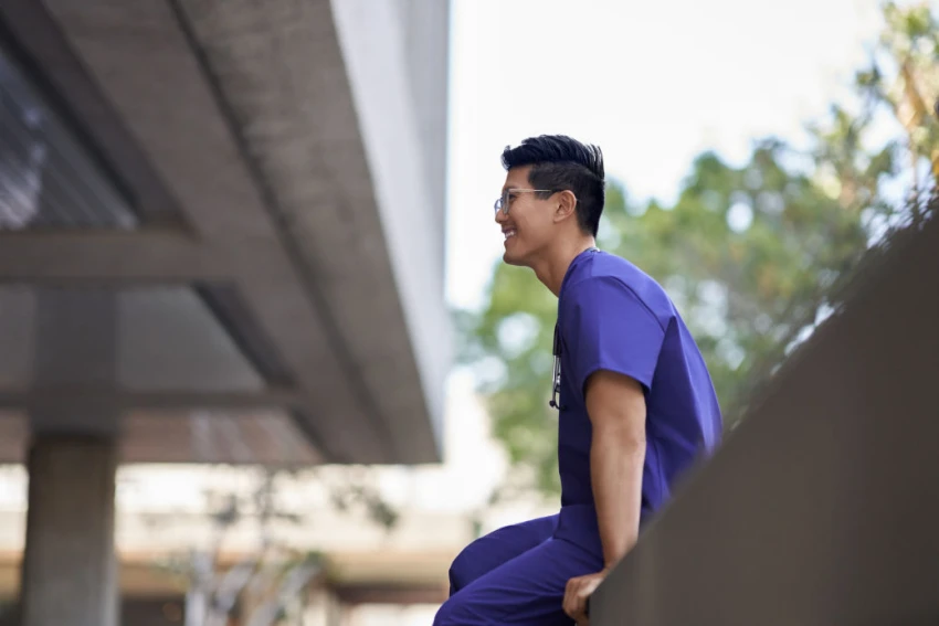 a man in a blue shirt