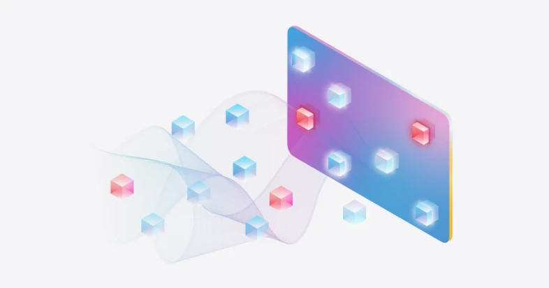 A colorful illustration of red and blue cubes floating through a purple computer screen.