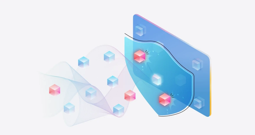A colorful illustration of red and blue cubes floating towards a purple computer screen. The red cubes are blocked by a shield in front of the computer screen.