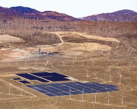 A large wind and solar farm in the Mojave Desert, California.