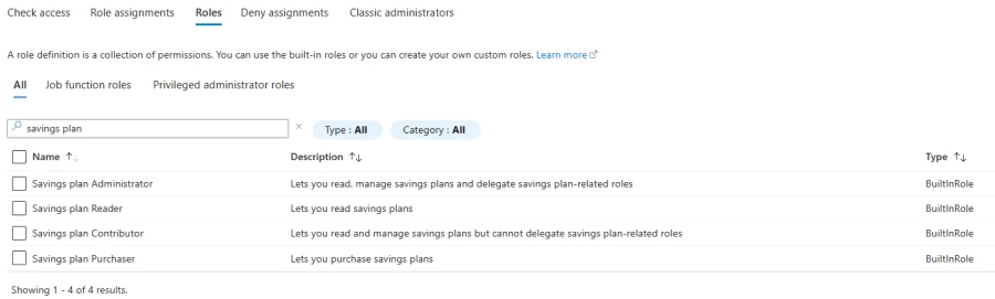 Image of Roles dashboard for savings plans.