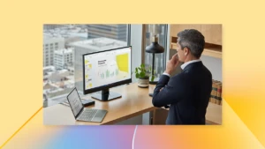 Lawyer in his office standing at his desk working on a Surface Laptop Go 3 (Laptop Go 2) showing Word and PowerPoint plugged into an external monitor