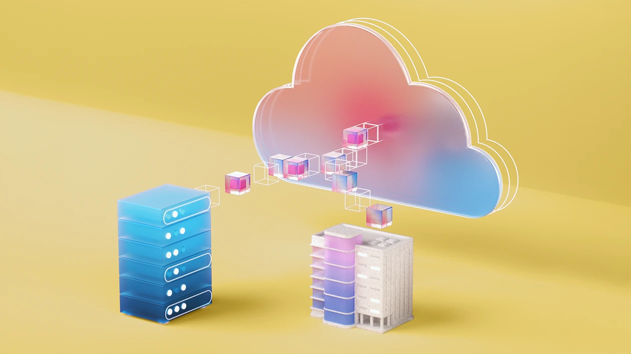 Light yellow background with datacenter illustration
