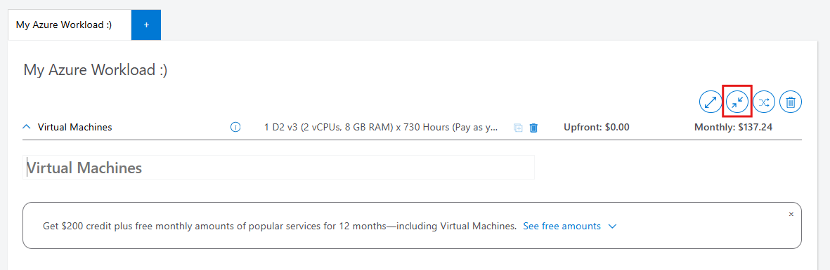 A view of the pricing calculator showing an estimate titled 'My Azure Workload' and the header of the Virtual Machines service. A blue collapse button is highlighted in the top right corner of the image.