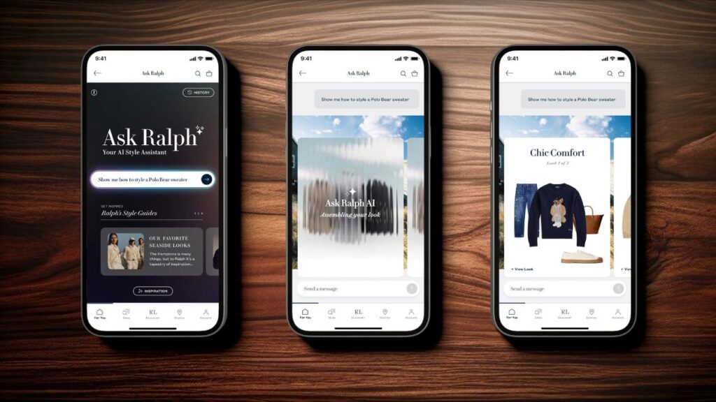 A group of cell phones on a table showing Ask Ralph UI examples