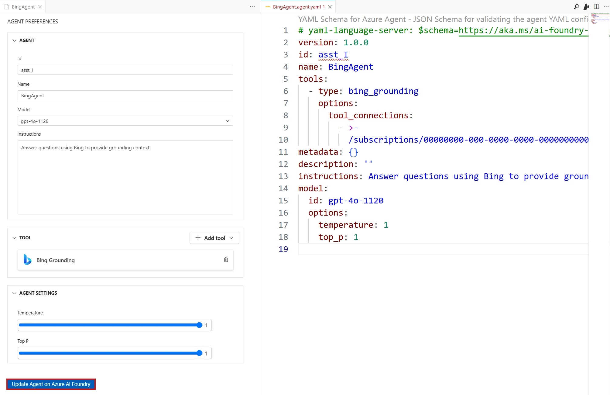 A split-screen interface showing Azure AI Foundry agent configuration in VS Code. On the left, a UI panel for “Agent Preferences” displays fields for agent ID, name, model selection, instructions, and tool connections, with sliders for temperature and top-p. On the right, the corresponding YAML schema defines the agent properties, model parameters, and tool configuration. A blue button at the bottom reads “Update Agent on Azure AI Foundry.”