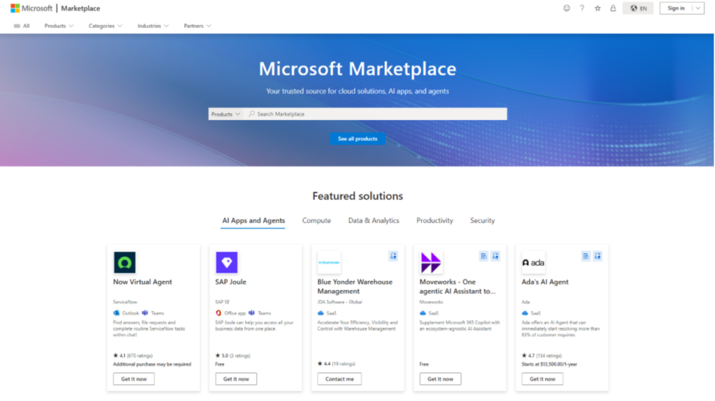 A view of the Microsoft Marketplace homepage.