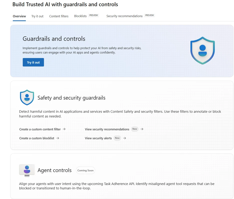 A view of security settings and agent controls inside Azure AI Foundry.