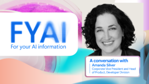 Smiling woman in black and white, on a colorful background graphic of pink, teal and peach hues, with text on the left side: FYAI For your AI Information