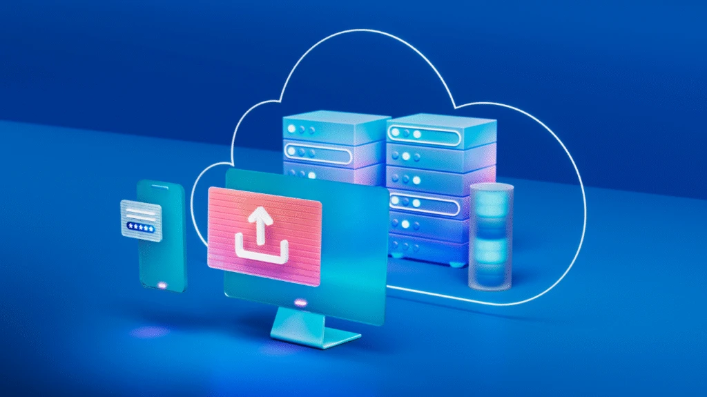 An illustration of a computer uploading.