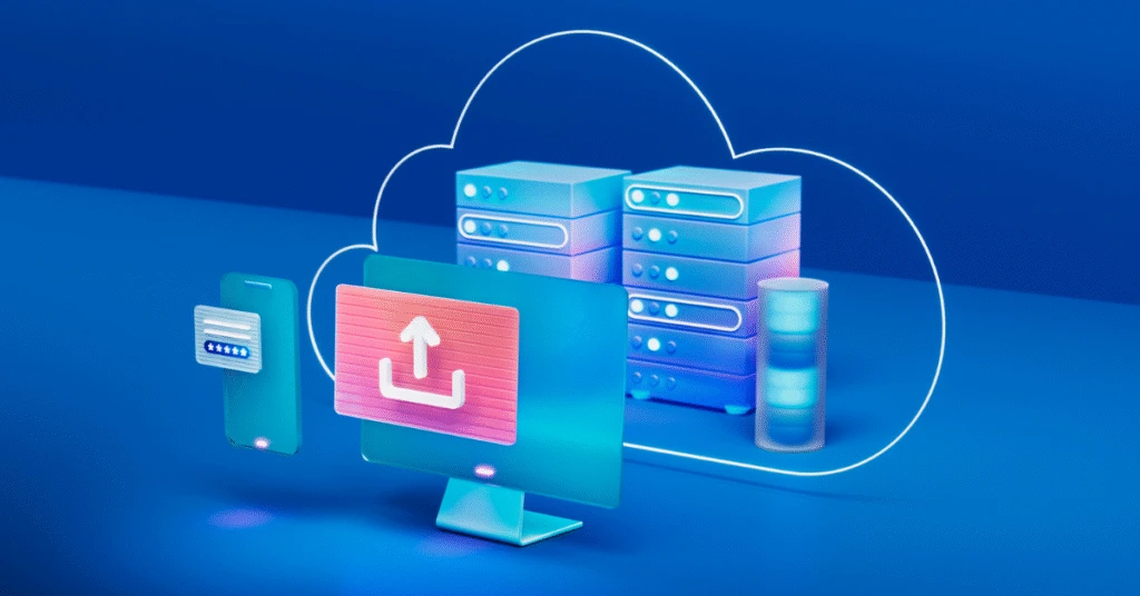 An illustration of a computer uploading.