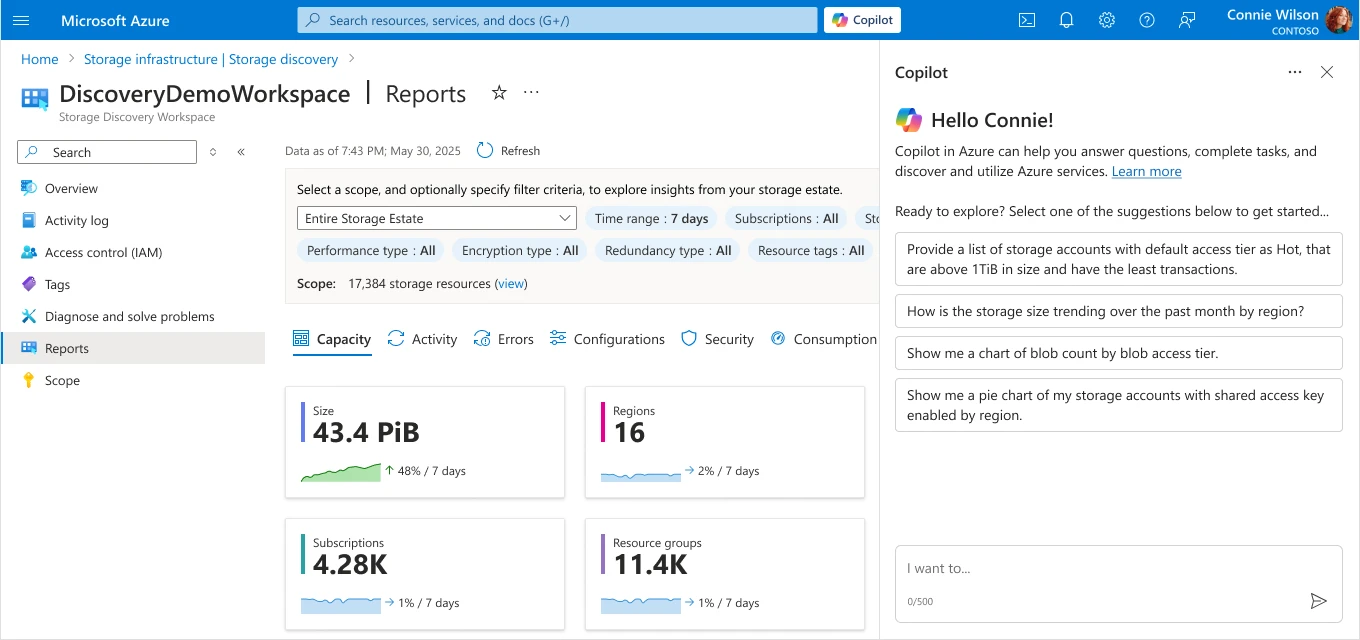 Azure Storage Discovery workspace in the Azure portal, with Copilot panel and data insights charts.
