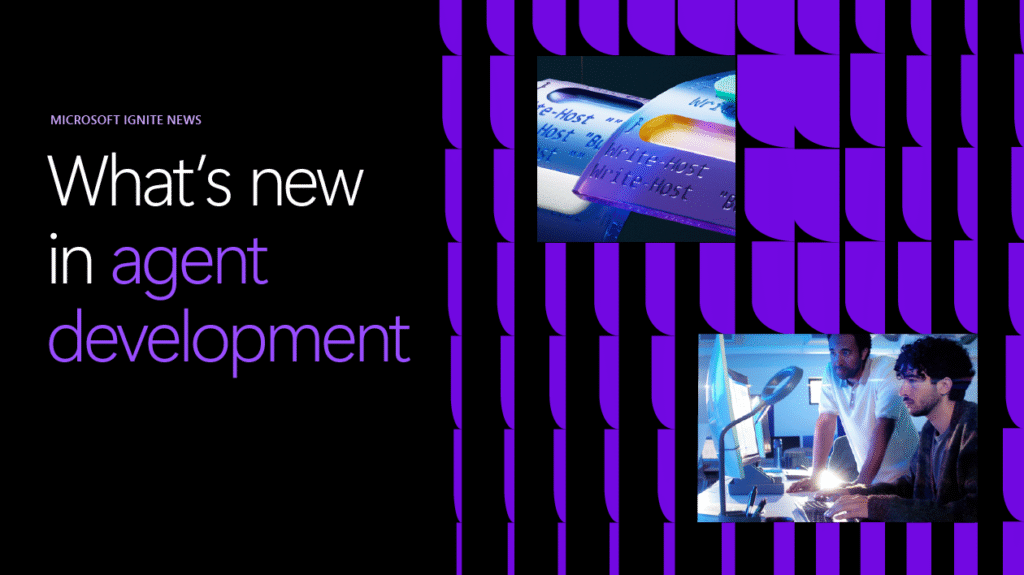 Black and purple abstract image with text "What's new in agent development"