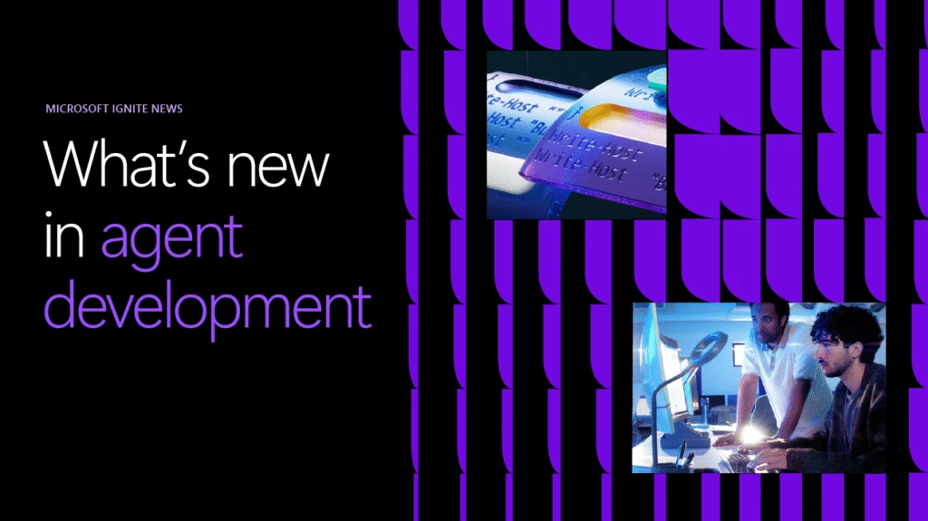Black and purple abstract image with text "What's new in agent development"