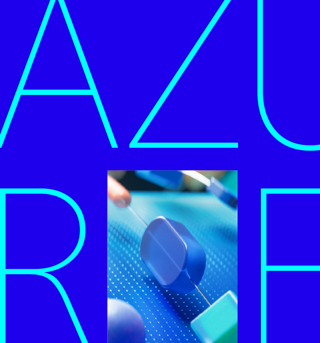 Blue abstract images and letters.