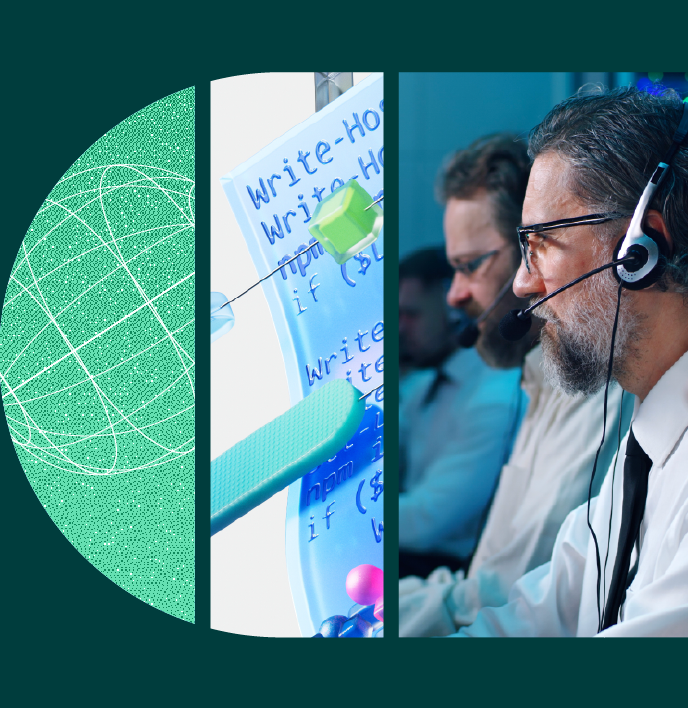 Employees on a phone headset.