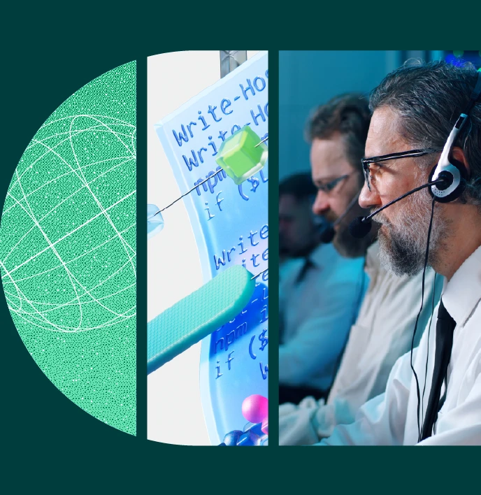 Employees on a phone headset.