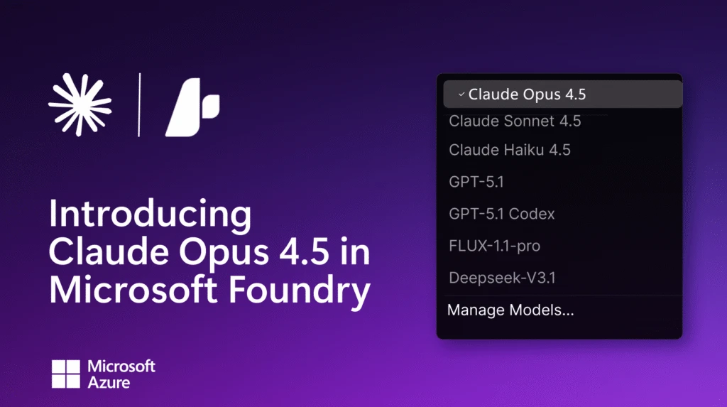 A purple background with text introducing Claude Opus 4.5, the newest model in Microsoft Foundry.