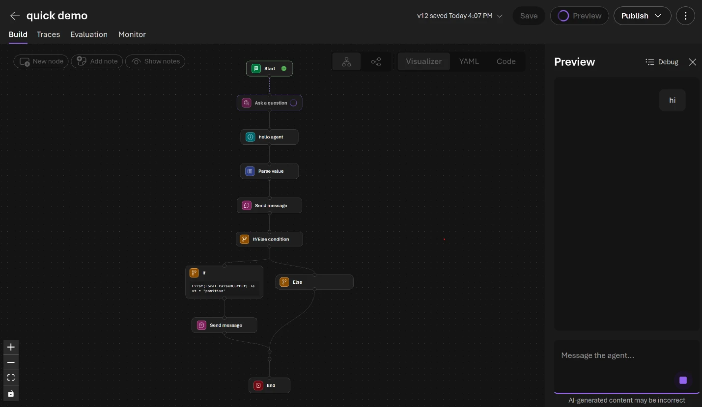 Screenshot of the Foundry Agent Service workflow builder interface, showing a visual flowchart with nodes for actions like sending messages, asking questions, and ending the conversation.