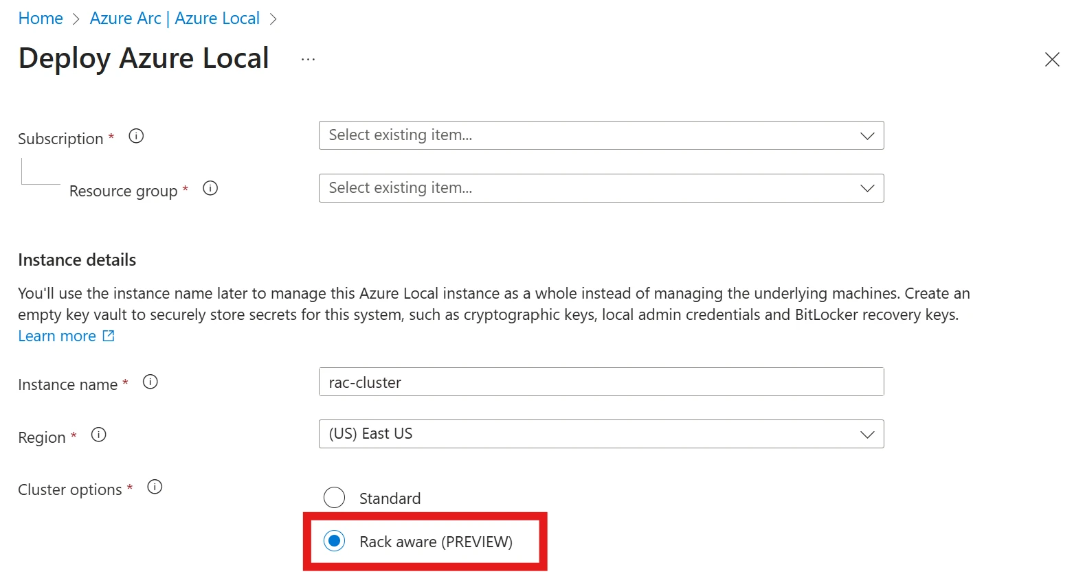 Rack aware clustering option shown in Azure Local U I.