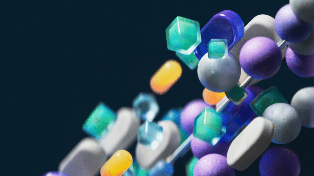 A dark 3D illustration with shapes.