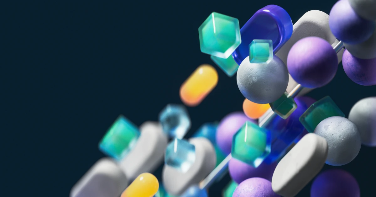 A dark 3D illustration with shapes.