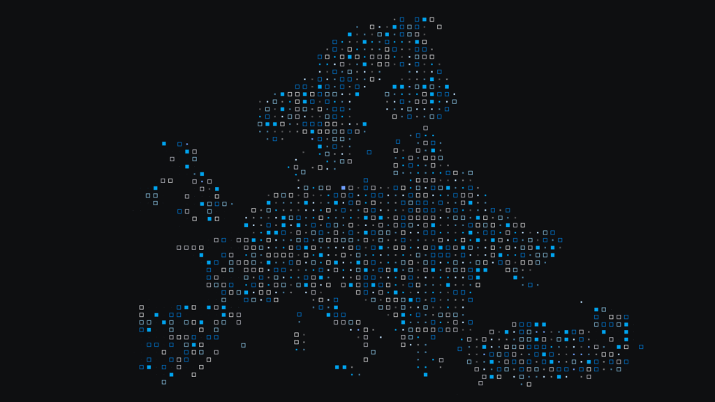 Map made of different shades of blue and grey dots.