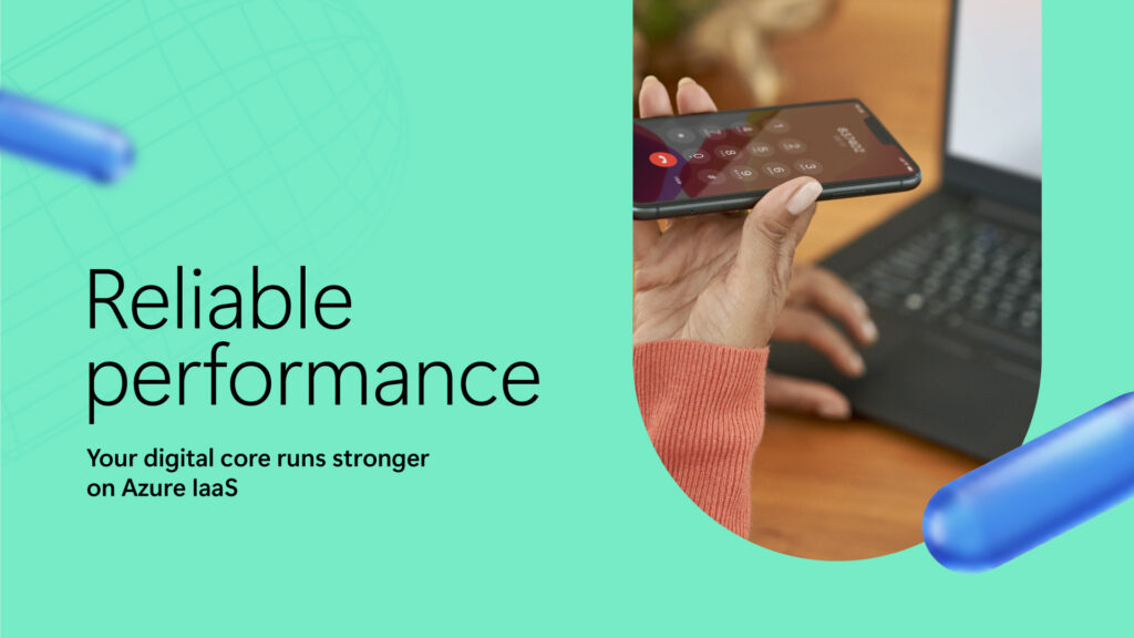 Banner image with a woman holding a phone alongside text explaining how Azure IaaS is empowering the digital space