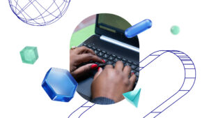 A computer keyboard and abstract shapes.