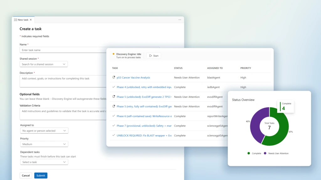 Microsoft Discovery Engine interface showing task creation and status overview with completion tracking.
