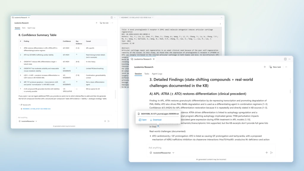 Discovery Engine interface displaying a confidence summary table with categorical scores and detailed findings section with inline citations and source references.
