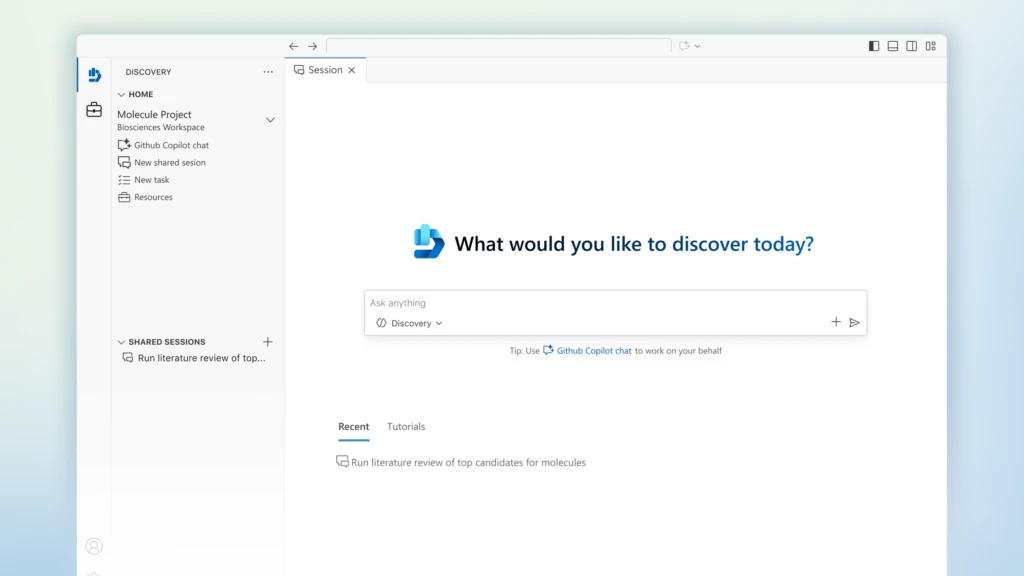 Microsoft Discovery initial screen showing the initial welcome landing page asking the individual, “What would you like to discover today?” with an open prompt box.