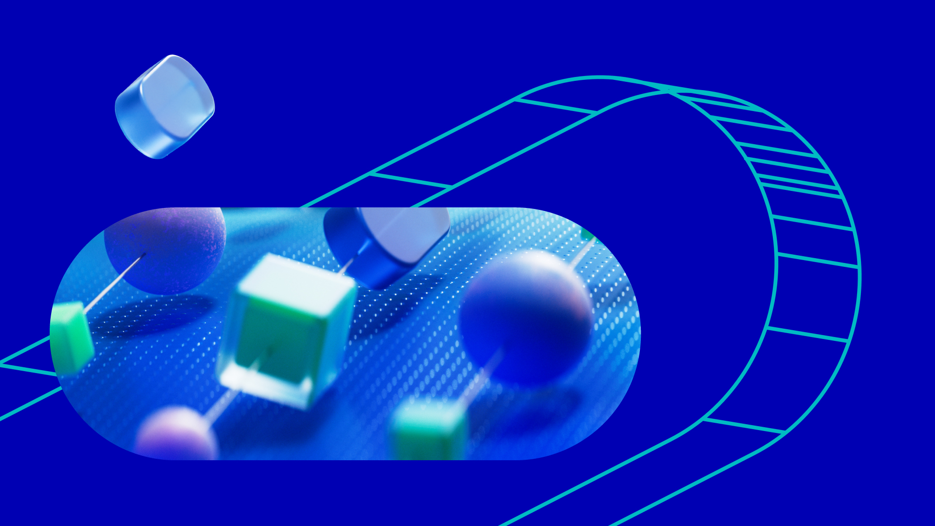 Abstract 3D cubes and spheres floating on a blue grid background with a curved turquoise line.
