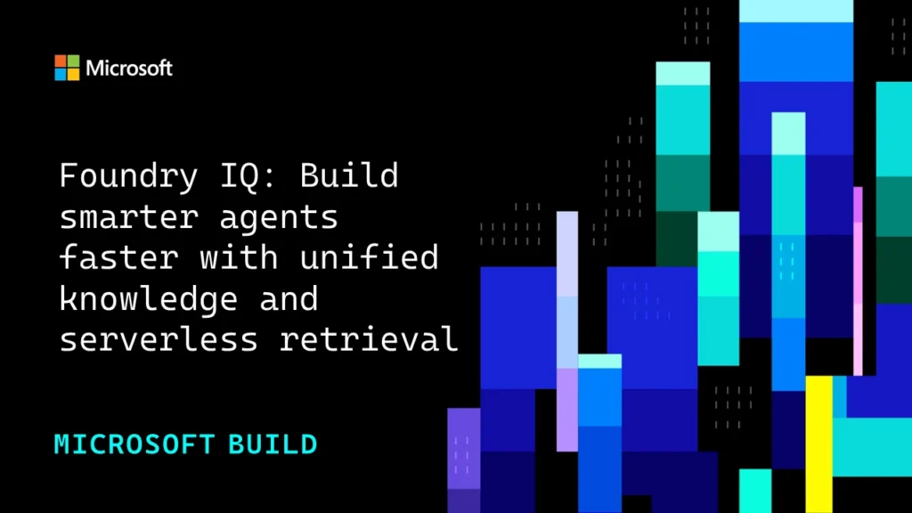 Abstract image with text "Foundry IQ: Build smarter agents faster with unified knowledge and serverless retrieval"