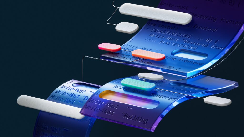 Blue ribbons of code and digital illustrations