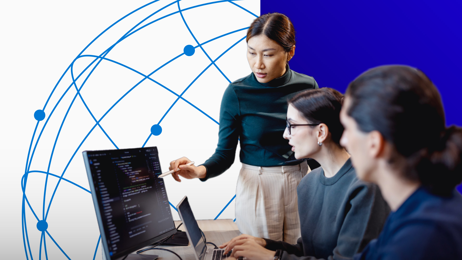 People working at computer, abstract network background