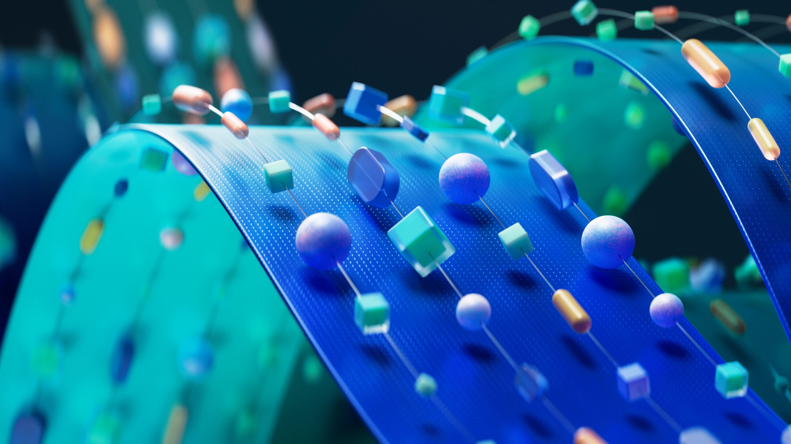 Abstract 3D illustration of curved blue and teal ribbon-like surfaces covered with floating geometric shapes, including cubes, spheres, and capsule forms connected by fine lines.