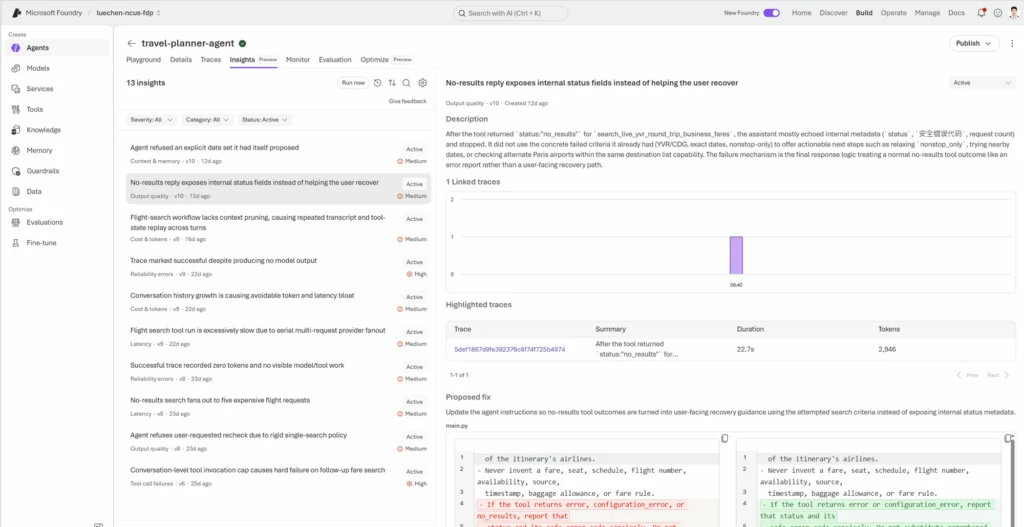 Insights in Foundry surfaces recurring agent issues, likely causes, supporting traces, and recommended actions.