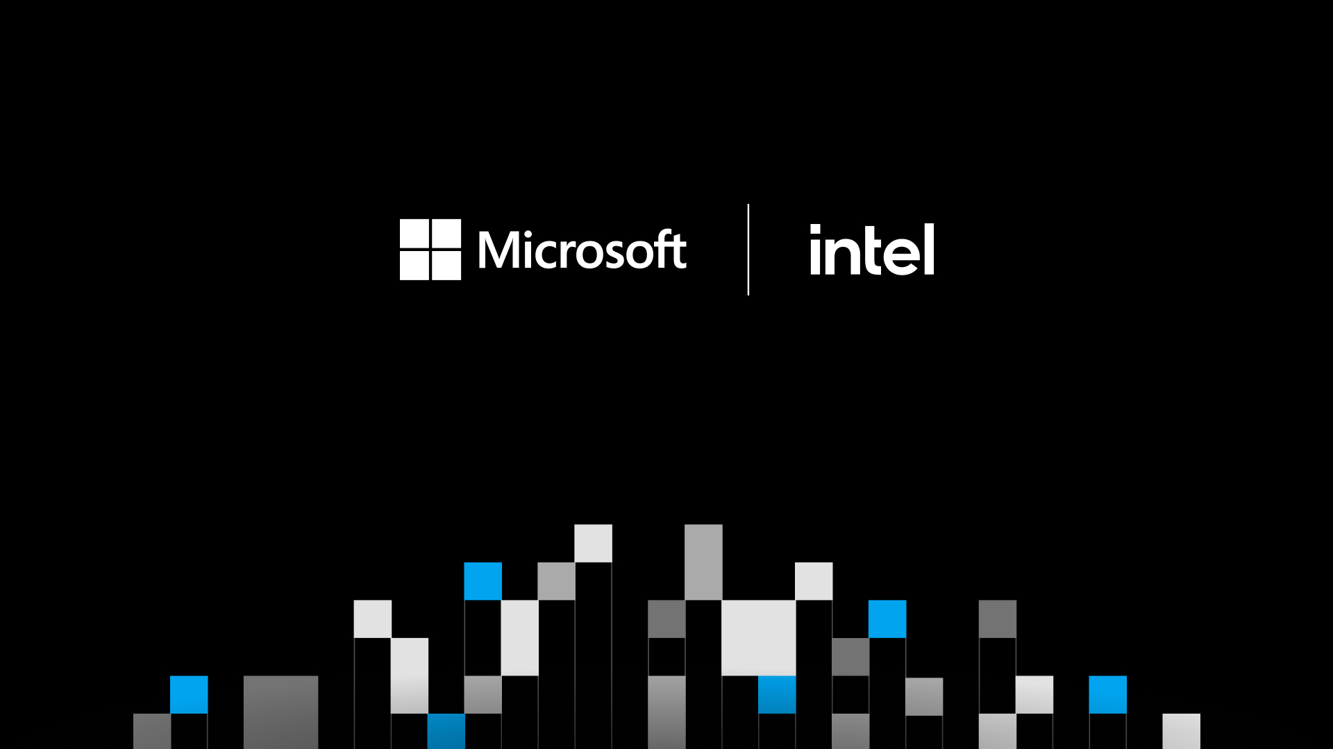 Microsoft and Intel logos on a black background with a geometric pixel pattern below