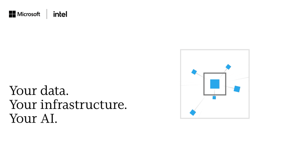 Microsoft and Intel graphic illustrating protected AI infrastructure, with data and workloads connected to a secured central compute environment.