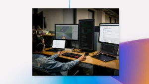Real people, real offices. Female developer wearing headphones is coding at her PC workspace in an enterprise office using Visual Studio on a multi-monitor set up.