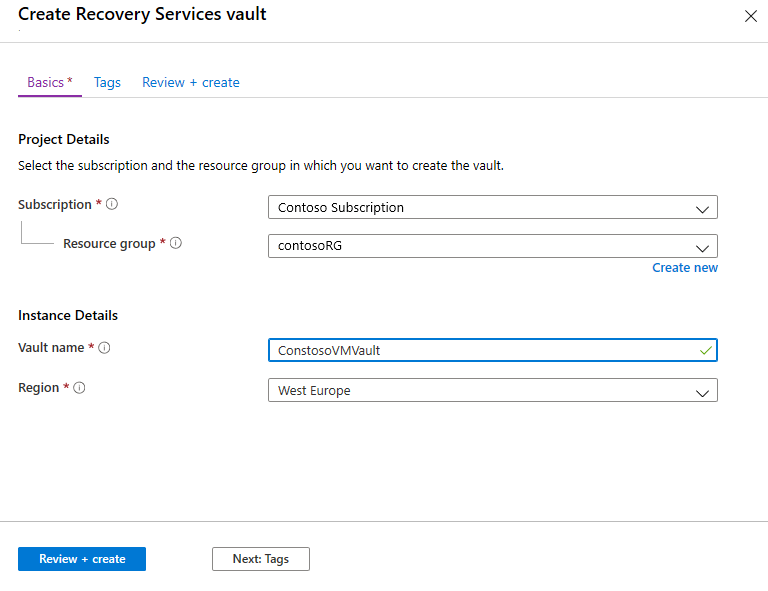 Captura de pantalla de la página Create Recovery Services vault (Crear almacén de Recovery Services).