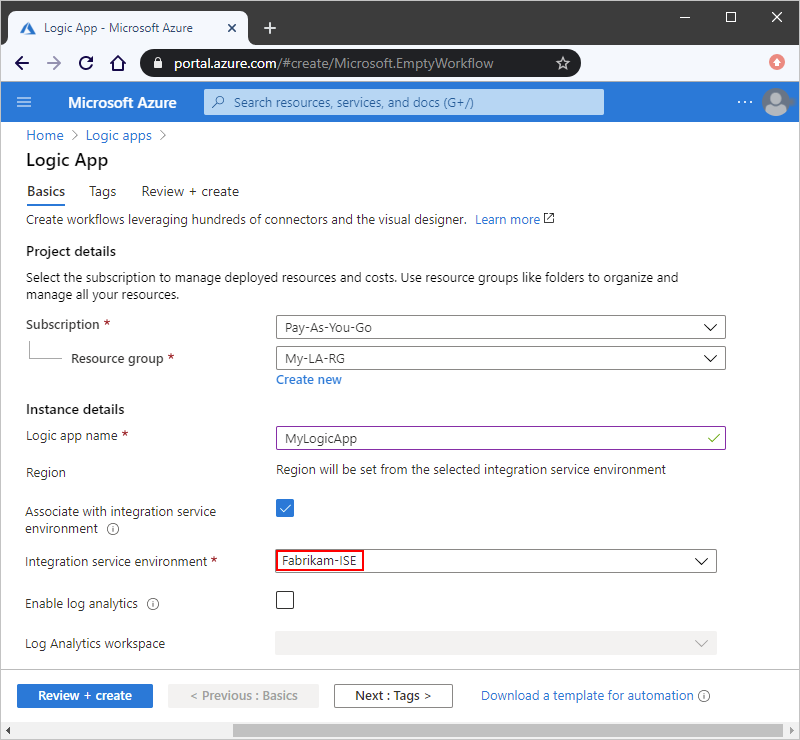 Képernyőkép Azure Portal, amelyen az integrációs szolgáltatási környezet van kiválasztva.