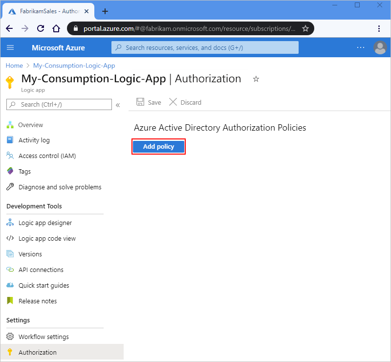 Képernyőkép az Azure Portalról, a Használati logikai alkalmazás menüről, az Engedélyezési lapról és a szabályzat hozzáadásához kijelölt gombról.