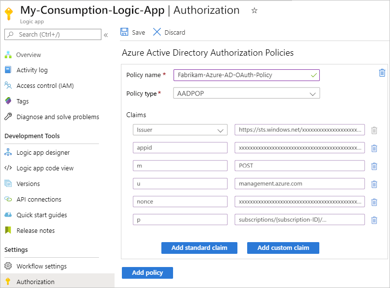 Képernyőkép az Azure Portalról, a Használat logikai alkalmazás engedélyezési oldaláról, valamint egy igazolási szabályzat információiról.