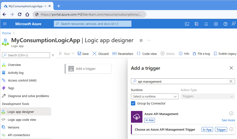 Képernyőkép az Azure Portalról, a Használat munkafolyamat-tervezőről és egy API Management-eseményindító megtalálásáról.