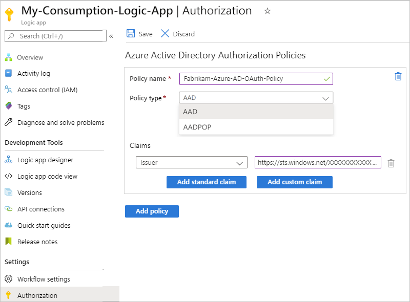 Képernyőkép az Azure Portalról, a Használat logikai alkalmazás engedélyezési oldaláról és az engedélyezési szabályzat információiról.