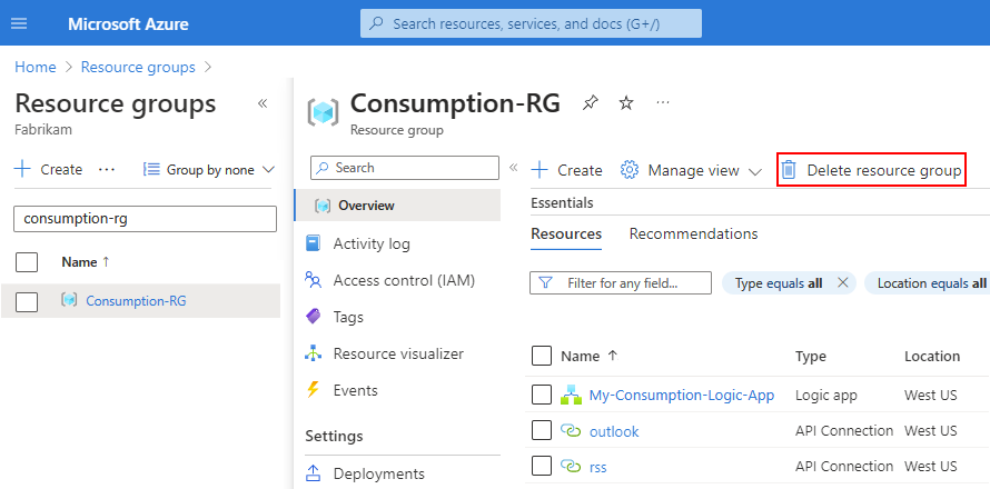 Screenshot shows Azure portal with selected resource group and button for Delete resource group.