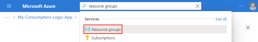 Screenshot shows Azure portal search box with search term, resource groups.